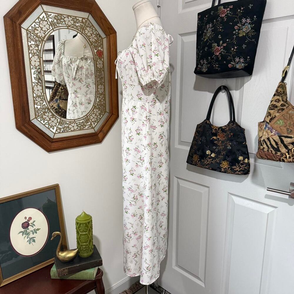NooR White & Pink Floral Pattern Cottagecore Puff Sleeve Milkmaid Midi Dress - Picture 4 of 8
